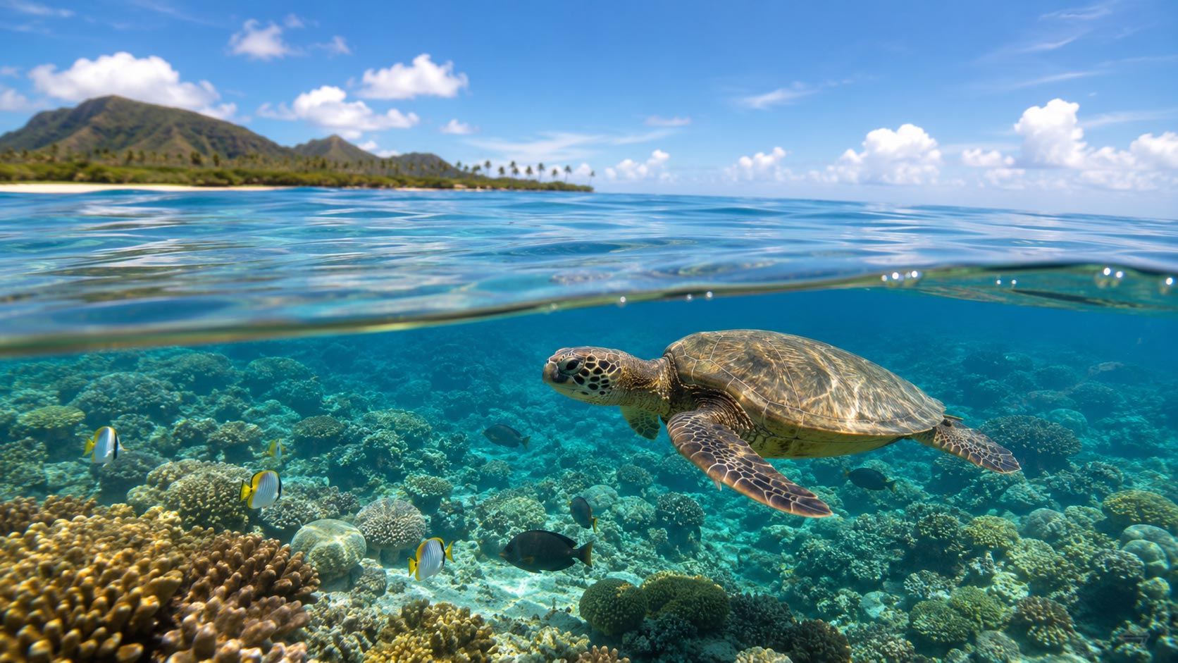 An over-under view of the glassy ocean surface above a colorful Waikiki reef and tropical fish below