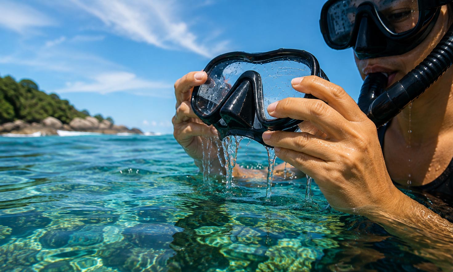 A snorkeler adjusting their mask at the surface of clear Waikiki water above a reef