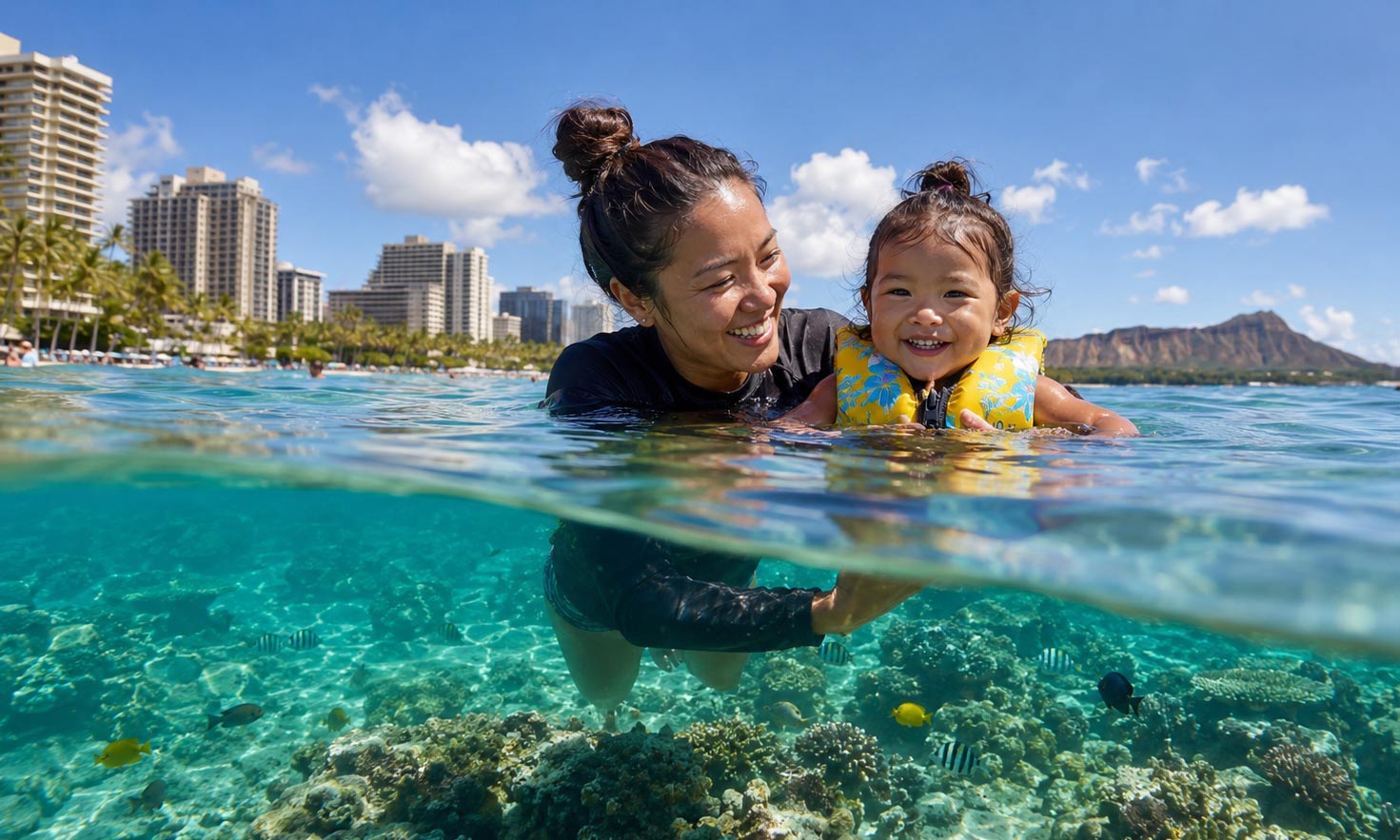 A parent and child snorkeling together in calm, shallow Waikiki water above a reef