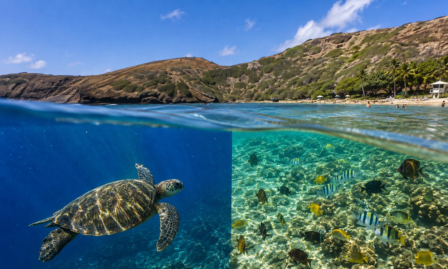 Split view of a green sea turtle in open water and a colorful protected snorkeling bay