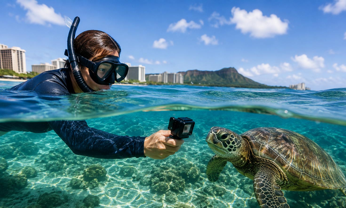 A snorkeler holding a waterproof camera toward a green sea turtle in clear Waikiki water